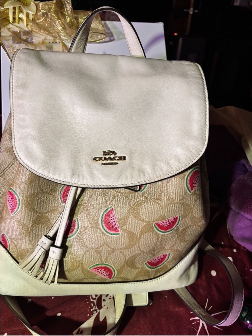 Coach Cream & Tan Signature Backpack with Watermelon Print